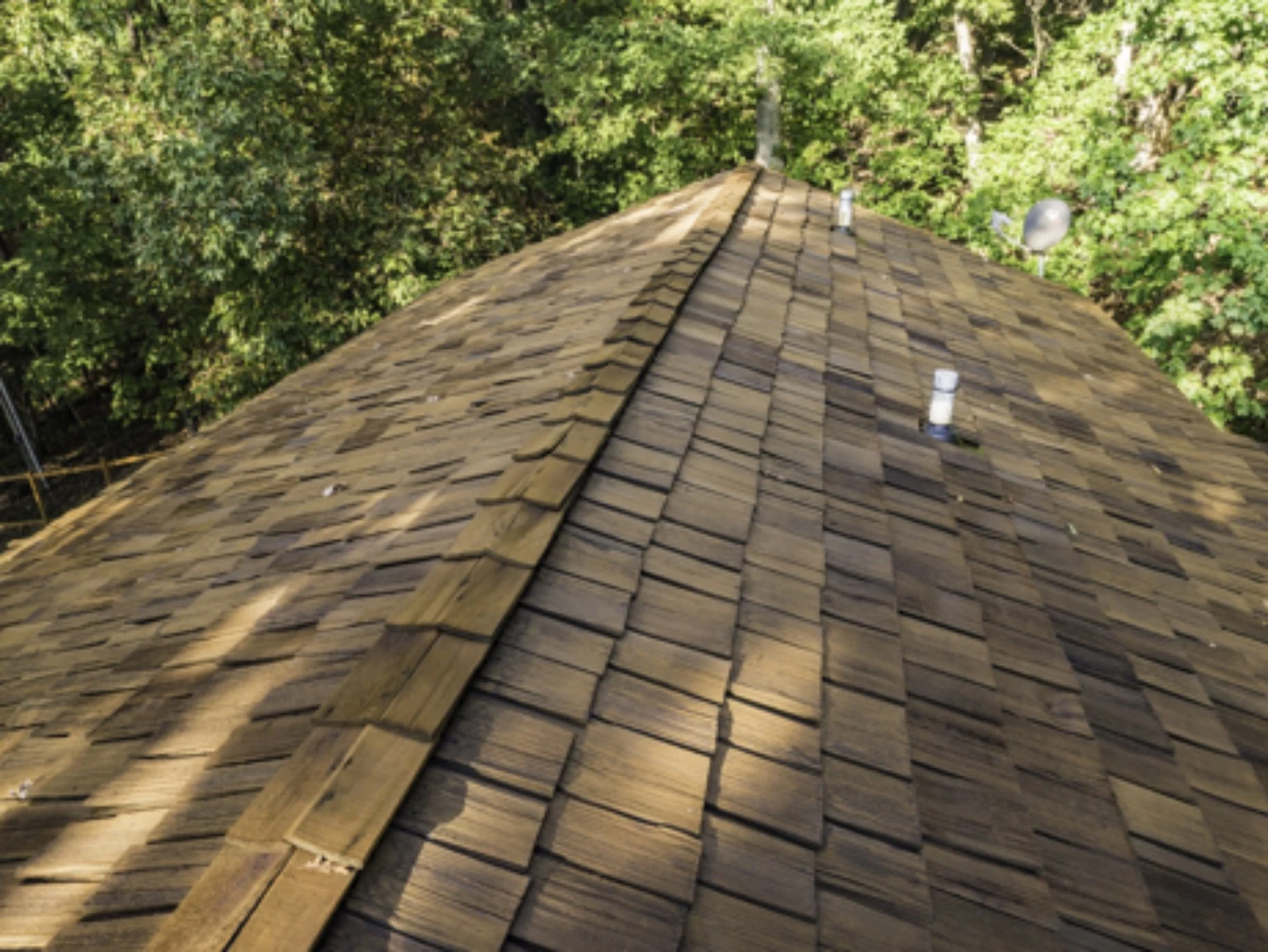 Finished cedar shake roof after restoration work
